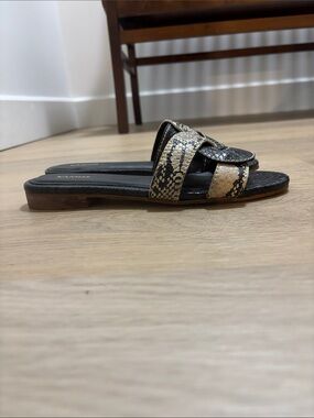 Kaanas Leather Black and Beige Snake-Print Slide Mules